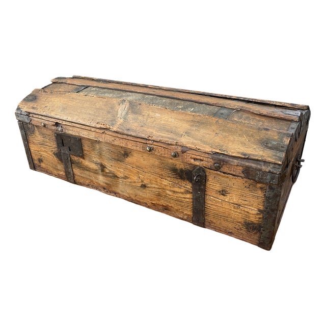 Antique French Wood Iron and Hide Chest For Sale