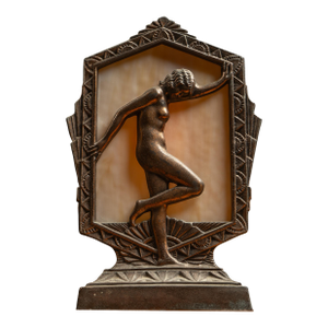 1920s Art Deco Figural Copper Lamp With Slag Glass Shade