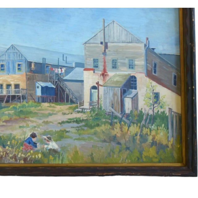 Buildings with meadow and children picking flowers landscape oil painting on board by listed artist Joseph Zeller...