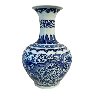 Vintage Chinoiserie Blue & White Porcelain Onion Shape Vase Dragon and Phoenix 21" H
