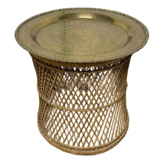 Vintage Boho Brass and Rattan Side Table For Sale