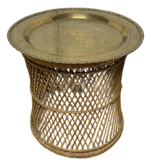 Vintage Boho Brass and Rattan Side Table