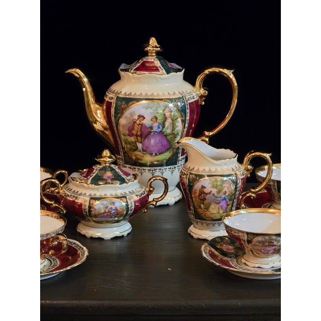 Pristine condition 1930-1940s Porcelain tea set, service for 6, Made by Josef Kuba Carlsbad, Fragonard-style scenes and...