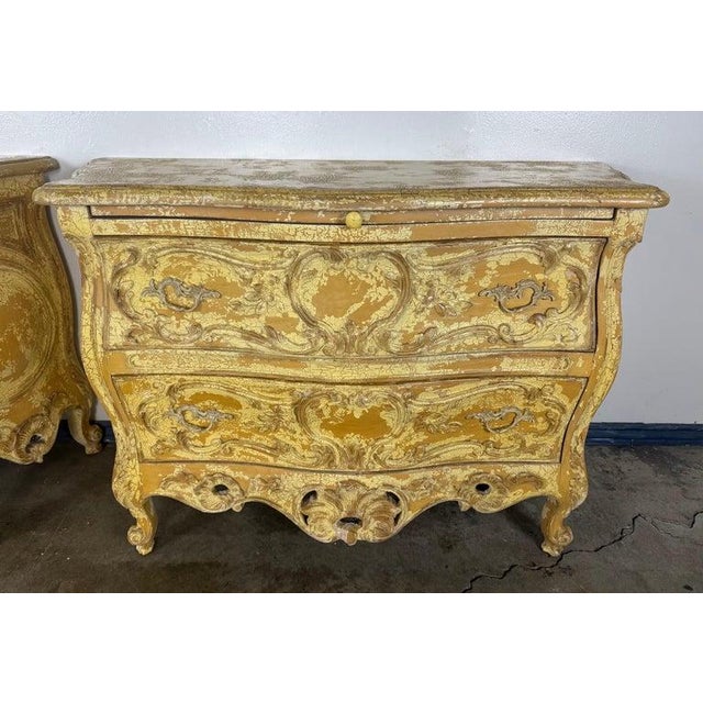 Mid 20th Century Pair of Louis XV–Style Painted Bombe Commodes With Carved Rococo Ornament For Sale - Image 4 of 14