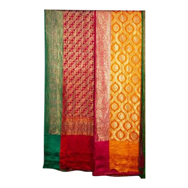 60s Saree Sari Silk India Benaras Lot 2 Tapestry 22k Gold Brocade Vintage Indian For Sale