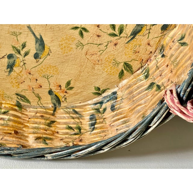 Hand Painted Robins and Spring Flowers Large Wicker Basket For Sale - Image 9 of 10