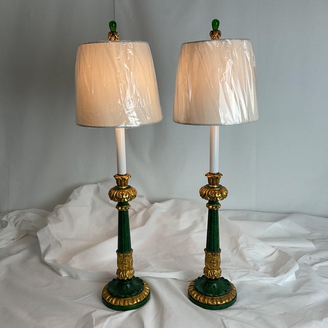Vintage Italian Hand Carved Goldleaf Wood Candle Stick Lamps With Shades/Finials - a Pair For Sale - Image 12 of 13