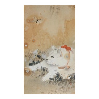 Vintage Ohara Koson White Cat and Butterfly Japanese Woodblock Print For Sale
