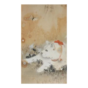 Vintage Ohara Koson White Cat and Butterfly Japanese Woodblock Print