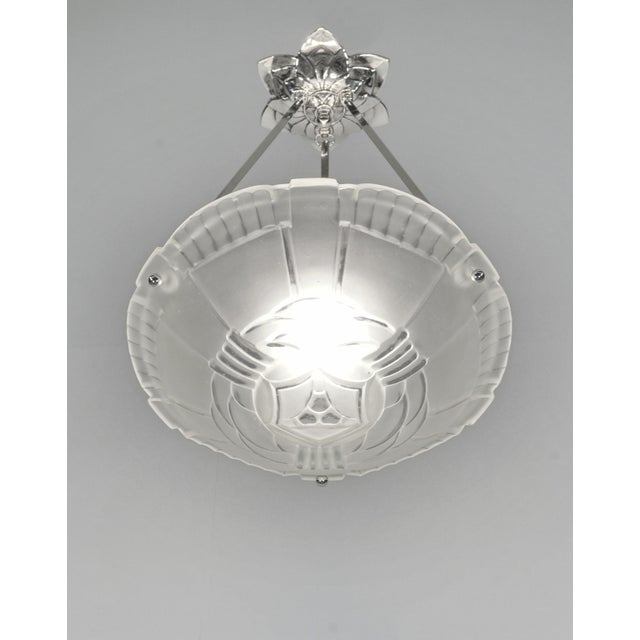 Marius-Ernest Sabino Marius Sabino French Art Deco Pendant Light - 1930s Frosted Glass & Nickeled Bronze For Sale - Image 4 of 8