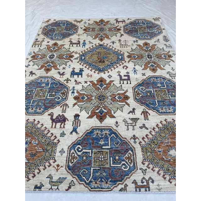 8x9.11 Kazak Design Carpet With Animals, Ivory For Sale - Image 4 of 12