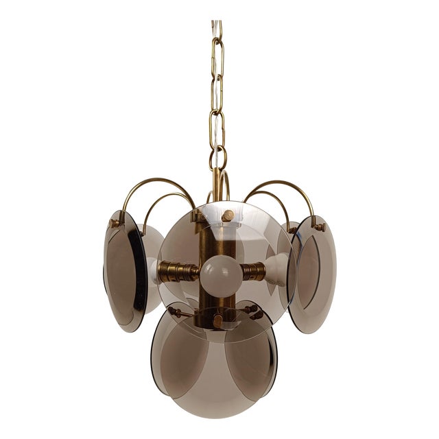 Vintage Chandelier in Brass with Smoked Bevelled Glass Discs from Sciolari, Italy, 1970s For Sale
