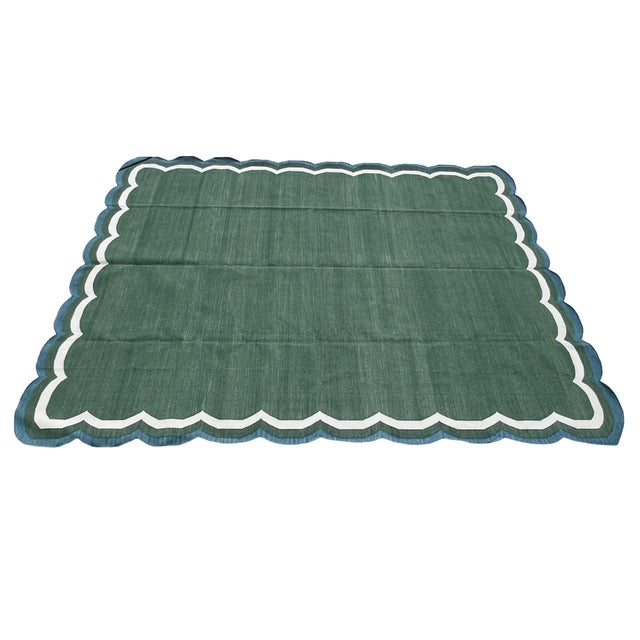 Textile Handmade Cotton Flat Weave Area Rug, Forest Green, Cream and Teal Blue Scalloped Dhurrie - 8'x10' For Sale - Image 7 of 14