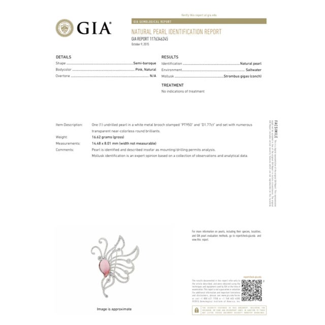 Metal Pink Natural Saltwater Conch Pearl & Diamond Platinum Brooch For Sale - Image 7 of 7