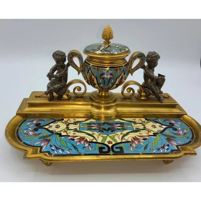 Antique French Enamelled Bronze Inkstand For Sale - Image 3 of 13