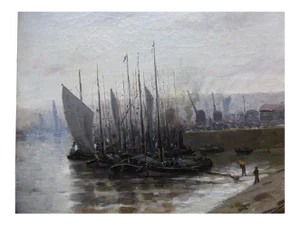 Antique Bateaux Au Port French School Painting by Hermann Delpech