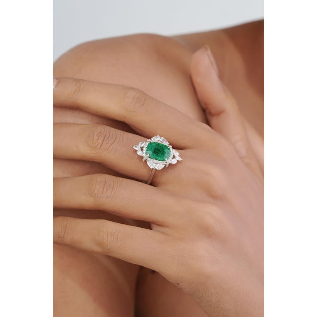 Not Yet Made - Made To Order Regal 18k White Gold 3.31ct Zambian Emerald & 1.04ct Diamond Halo Cocktail Ring Size 6 For Sale - Image 5 of 17