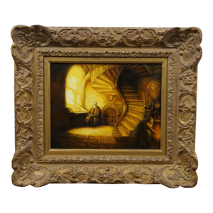 Late 20th Century Philosopher in Meditation Oil Painting After Rembrandt Canvas Framed 22"