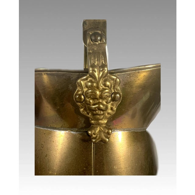 Vintage Brass Coal Scuttle With Blue and White Delft Porcelain Handle and Brass Lion Head Accents For Sale - Image 9 of 11