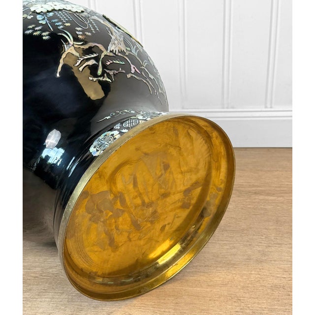 Vintage 28" Chinese Black Enamel Mother of Pearl Peacock Floor Vase For Sale - Image 9 of 9