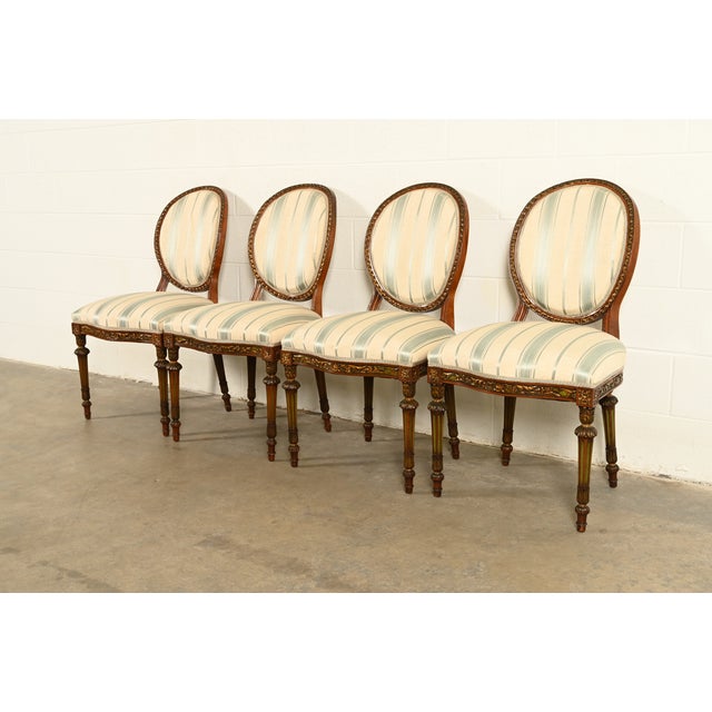 French Karges Style French Regency Louis XVI Carved Mahogany and Gold Gilt Dining Chairs, Set of Four For Sale - Image 3 of 12