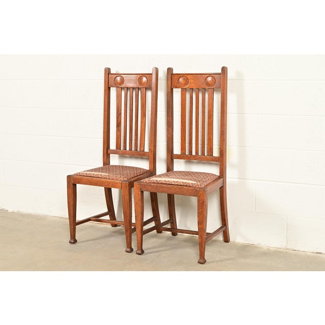 Brown Stickley Brothers Style Antique English Arts & Crafts Carved Oak High Back Side Chairs or Dining Chairs, Pair For Sale - Image 8 of 8