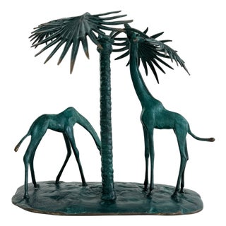 Mid-Century Modern Italian Bronze Art Sculpture with Giraffes and Palm Tree, 1950s For Sale