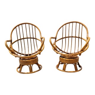 Vintage Bamboo Rattan Papasan Swivel/Rocker Arm Chairs- a Pair For Sale