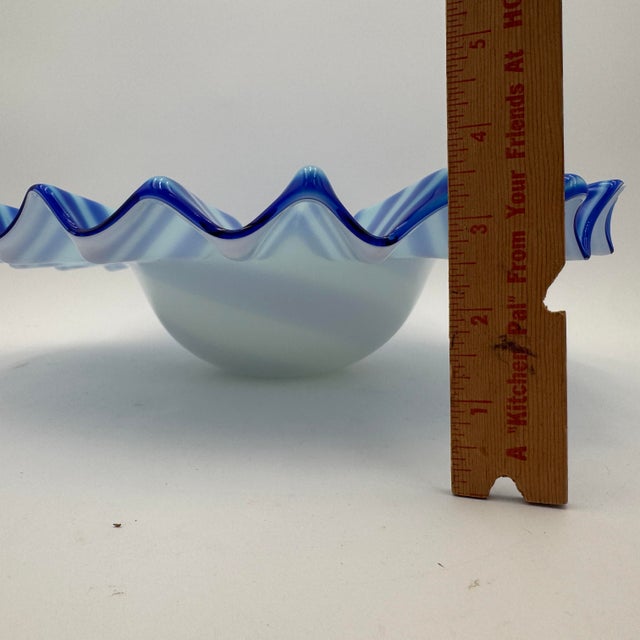 Mid-Century Modern Vintage Blue and White Murano Glass Bowl Ribbon Edge 14" For Sale - Image 3 of 9