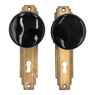 Vintage Art Deco Black Glass Passage Door Knob Set For Sale