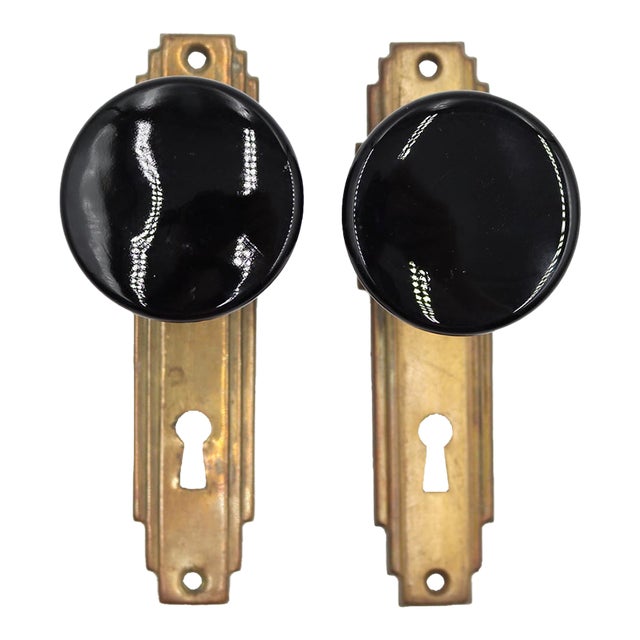 Vintage Art Deco Black Glass Passage Door Knob Set For Sale