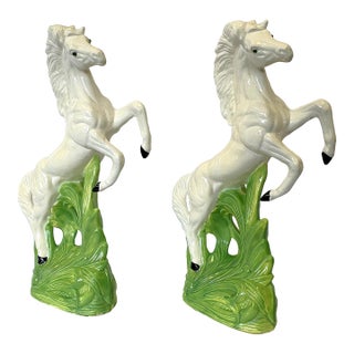 Mid Century Vintage Cast Ceramic Rearing White Mustangs With Glass Eyes- A Pair For Sale