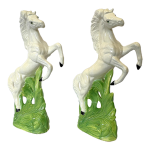Mid Century Vintage Cast Ceramic Rearing White Mustangs With Glass Eyes- A Pair