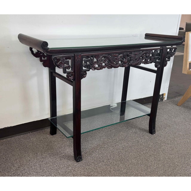 Vintage Carved Wood Altar or Console Table With Glass Shelf For Sale - Image 4 of 9