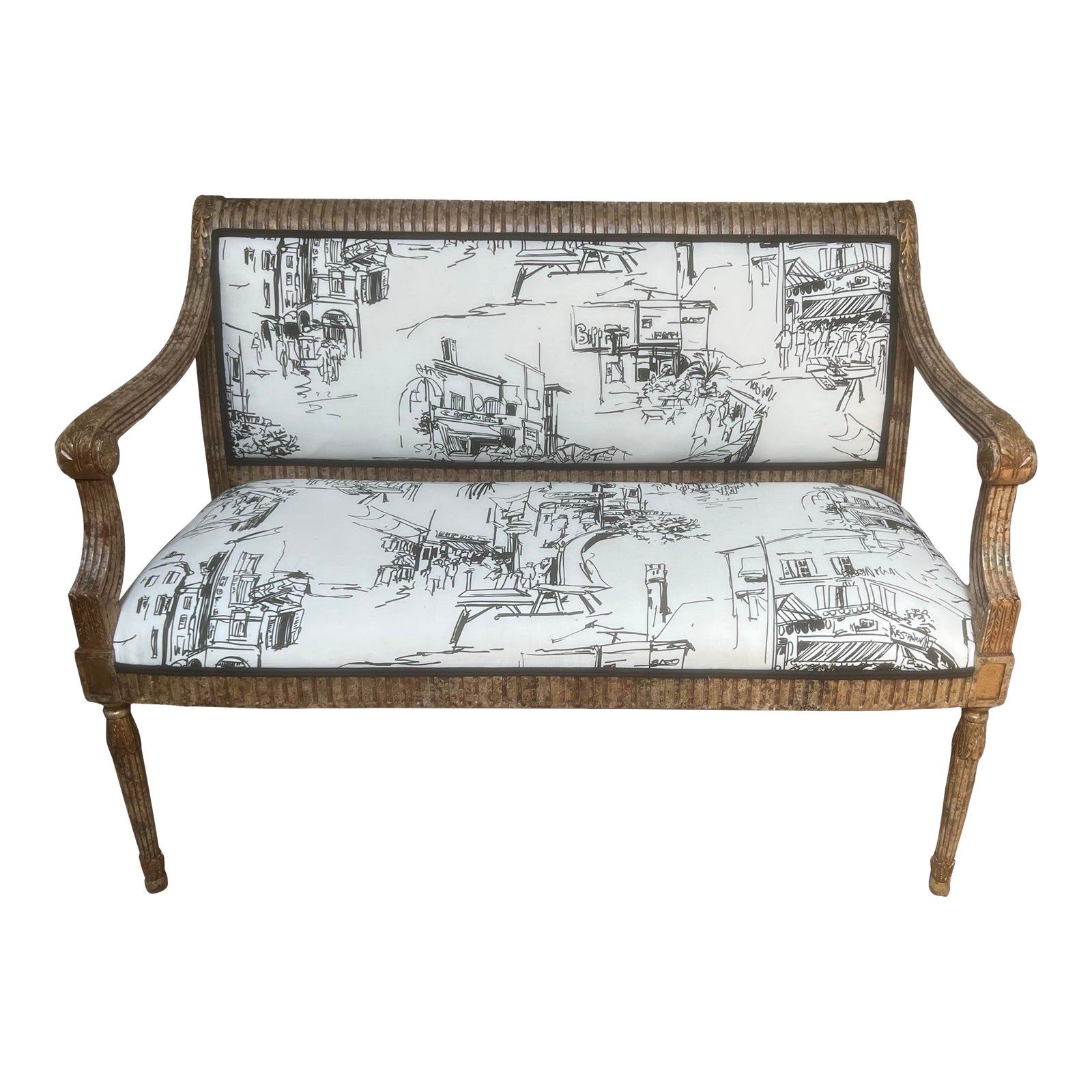 1950s Federalist Bench With Faux Painted Frame and French Toile Fabric ...