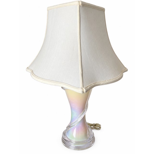 Postmodern Iridescent Pearlescent Spiral Ribbon Table Lamp With Clear Tiered Base For Sale - Image 3 of 17