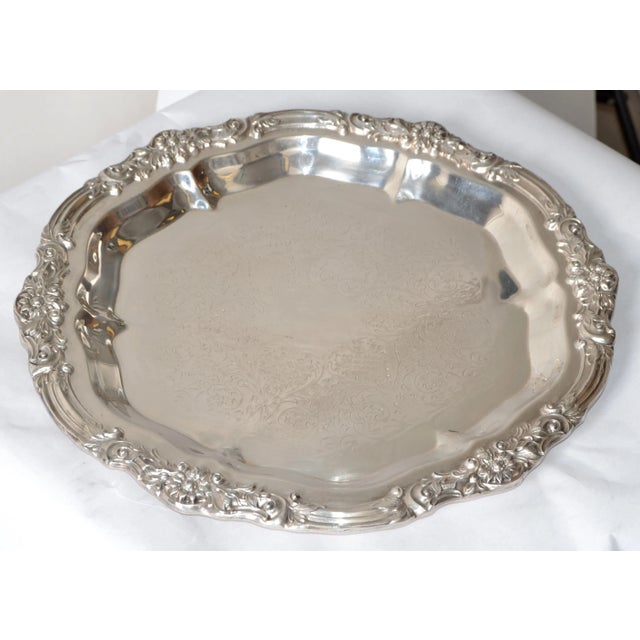 Silver 1950s Victorian F. B. Rogers Silver Co. Crown Trademark Round Serving Platter Edelweiss For Sale - Image 8 of 12