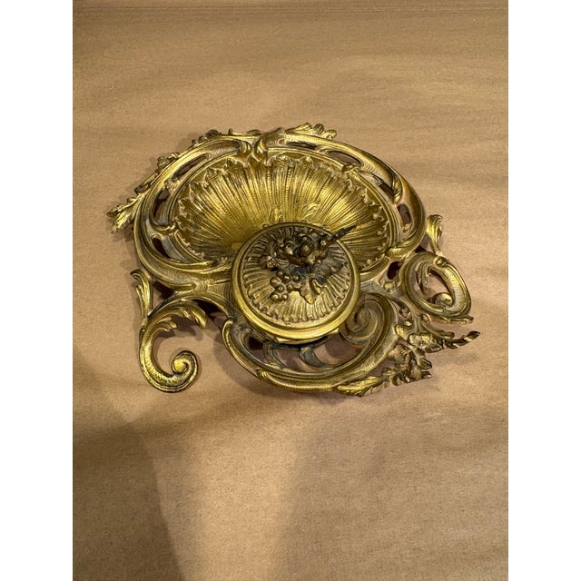 Art Nouveau Antique French Brass Inkwell & Stand For Sale - Image 3 of 7
