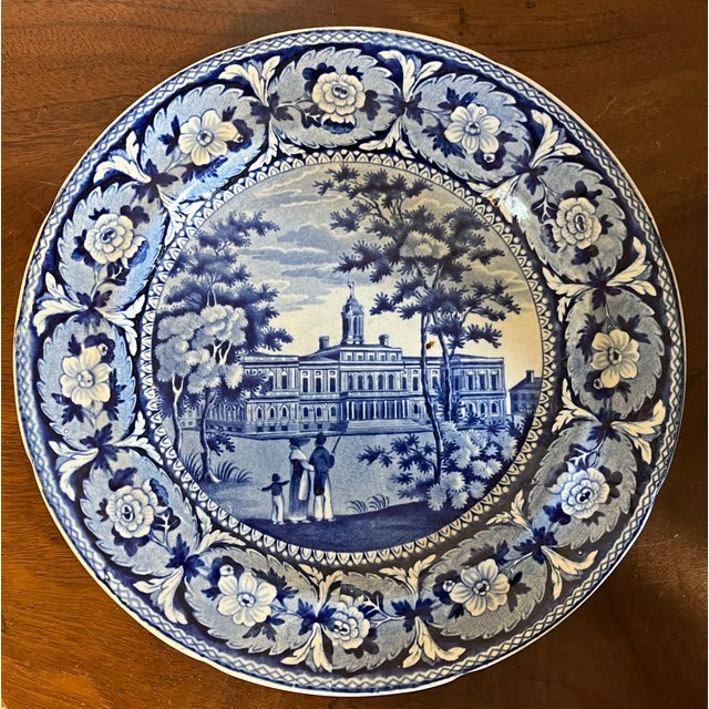 Ridgway Porcelain Antique 19th Century Ridgway Historical Blue Transferware Plate Depicting New York City Hall For Sale - Image 4 of 7