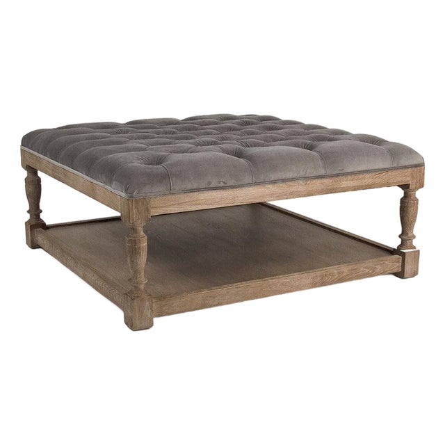 Patrice Tufted Square Ottoman - Gray Velvet / Weathered Gray Frame For Sale