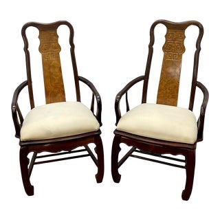 Vintage Universal Furniture Chinoiserie Burl & Ashwood Dining Arm Chairs - Pair For Sale