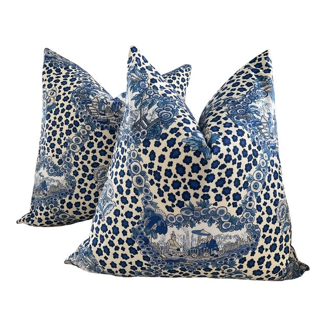 Brunschwig and Fils Chinese Leopard in Porcelain Pair of Down Filled Pillows For Sale