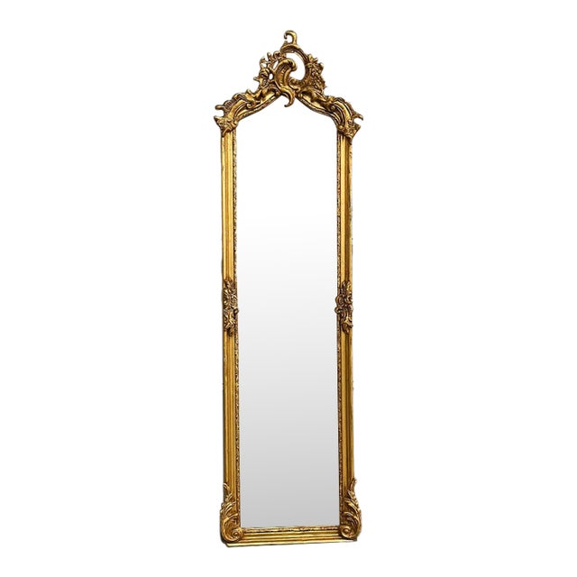 French Style Gold Floor Mirror – 6 Ft Tall Refinished Gold Leaf Details For Sale