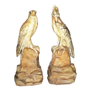 1920s Italian Marble Cockatoo and Falcon Bird Sculptures on Plinths- Set of 2