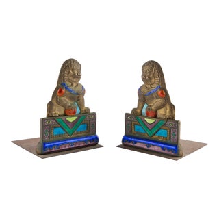 Enameled Brass Foo Dog Bookends For Sale