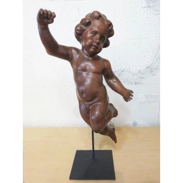 Mid 19th Century Antique Spanish Walnut Cherub on Custom Iron Stand For Sale - Image 5 of 5