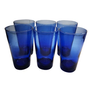 Vintage Mid-Century Modern Libbey Cobalt Blue Round Bottom Tumblers Glasses 16 Oz - Set of 5 For Sale