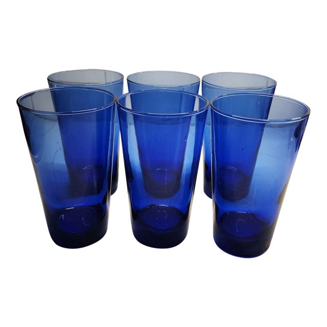 Vintage Mid-Century Modern Libbey Cobalt Blue Round Bottom Tumblers Glasses 16 Oz - Set of 5 For Sale
