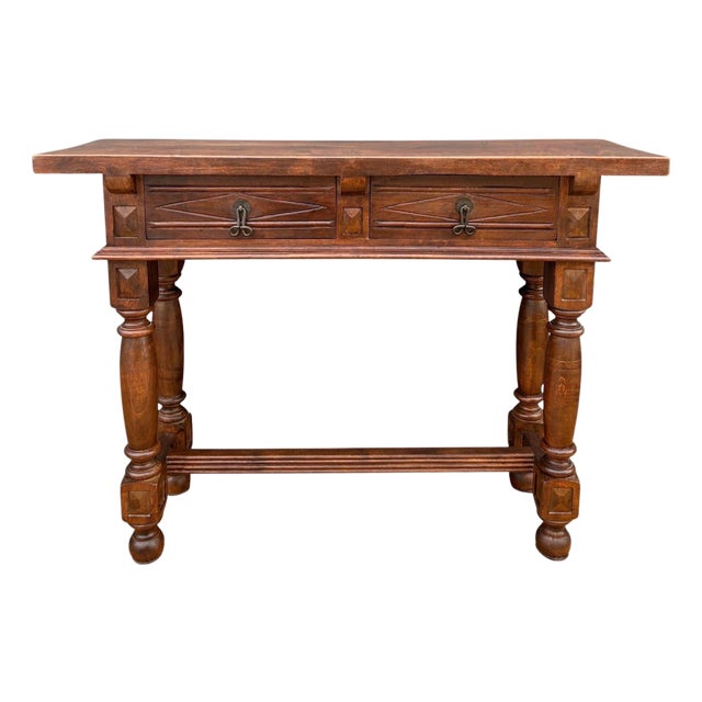 Spanish Renaissance Console Table with Two Drawers and Turned Legs, 1920s For Sale