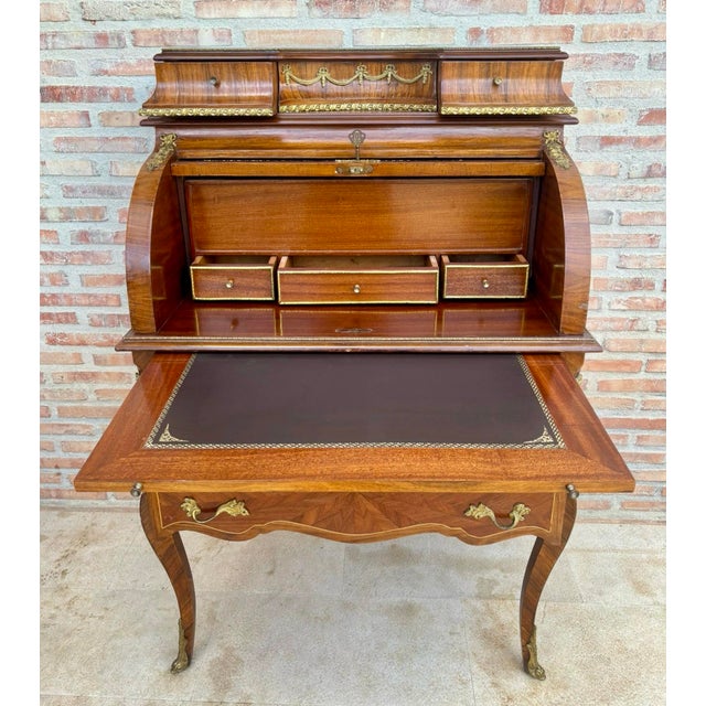 French 1930s French Louis XV Style Marquetry Bureau With Brass Mounts For Sale - Image 3 of 11